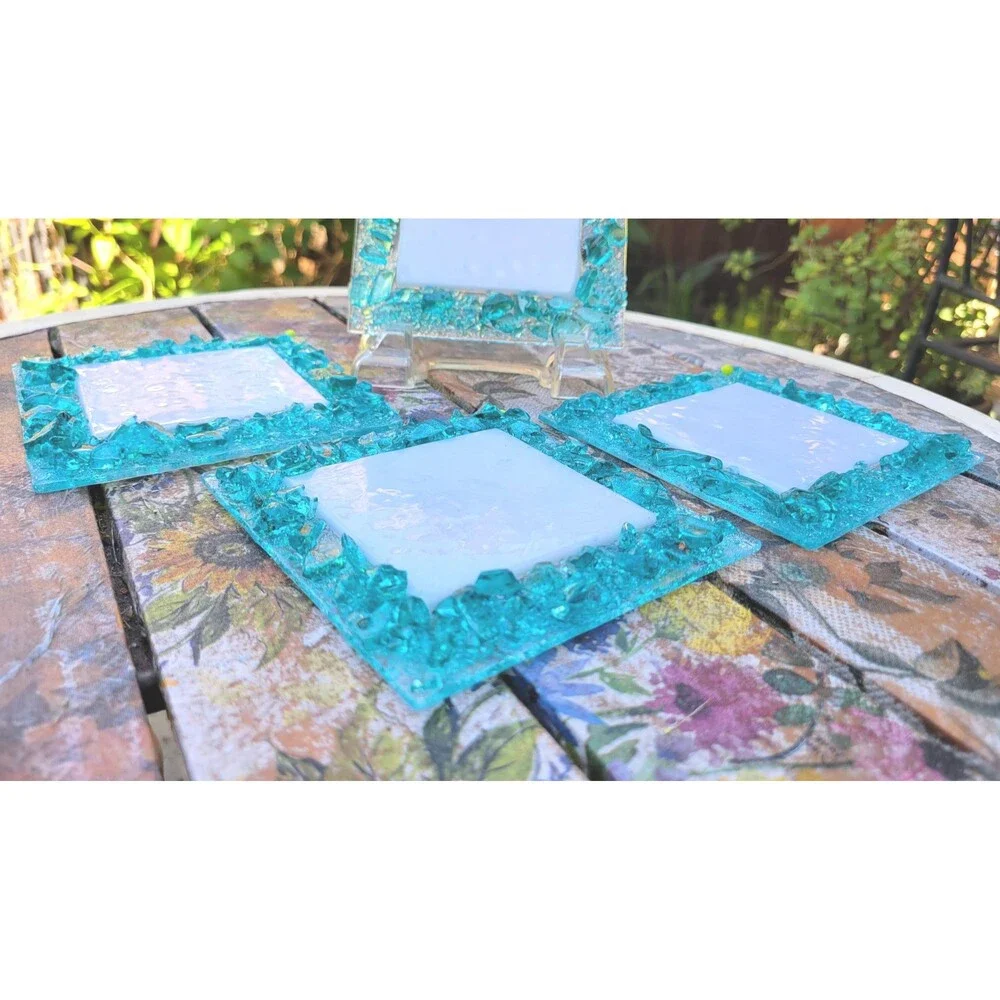 Handmade Fused Glass Turquoise Mosaic Coaster Set – Four